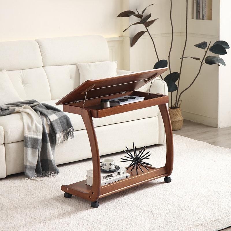 Kahverengi Masif Ahşap Ayarlanabilir Tekerlekli Raflı Laptop Sehpası - 60x40 cm - 335683