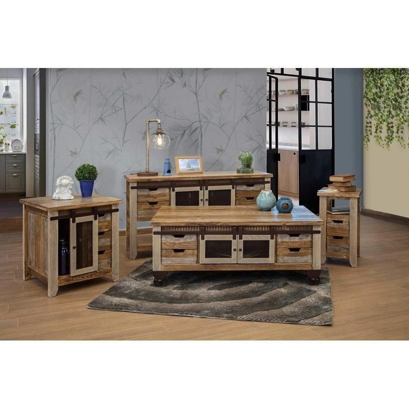 Kahverengi Masif Çam 4 Çekmeceli 2 Dolaplı Demir Tekerlekli Orta Sehpa - 127x78 cm - 336257