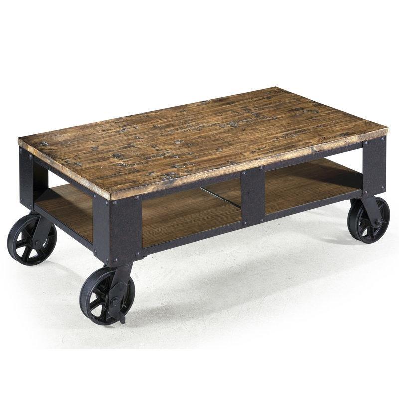 Kahverengi Masif Çam Ağacı ve Metal Asansörlü Raflı Tekerlekli Orta Sehpa - 133x82 cm - 336446