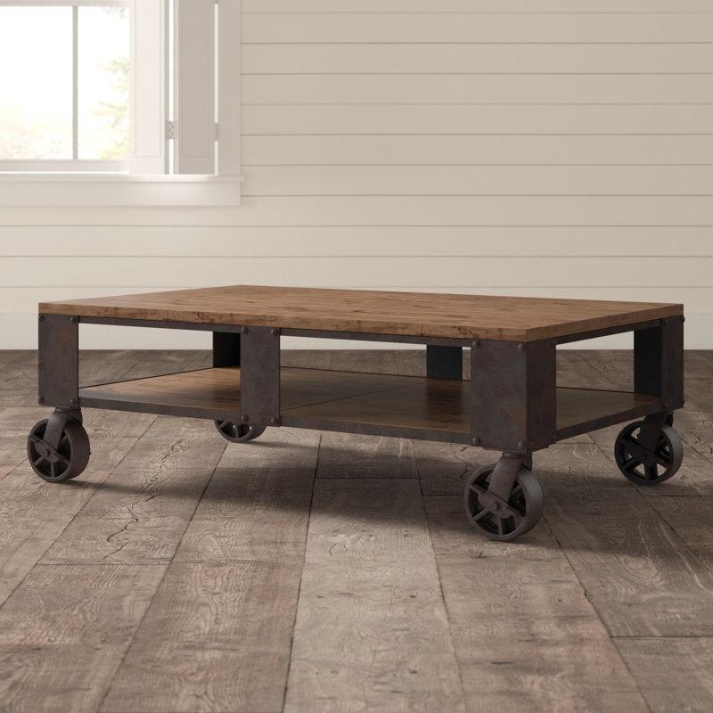 Kahverengi Masif Çam Ağacı ve Metal Asansörlü Raflı Tekerlekli Orta Sehpa - 133x82 cm - 336446 Kahverengi Masif Çam Ağacı ve Metal Asansörlü Raflı Tekerlekli Orta Sehpa - 133x82 cm - 336446