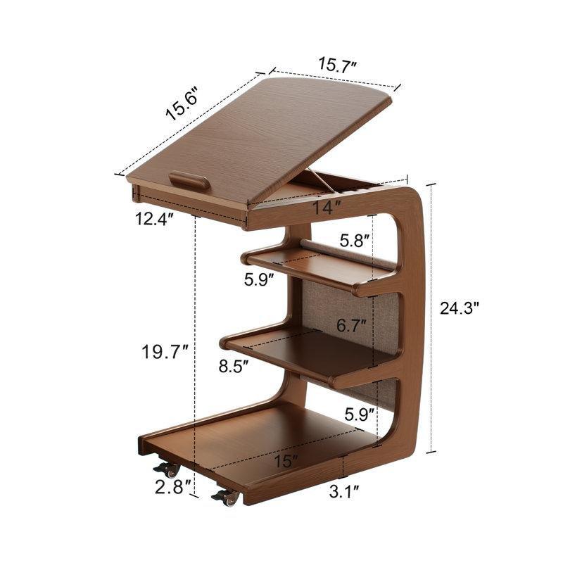Kahverengi Masif Kauçuk Ağacı Tekerlekli Raflı Açılır Tablalı Laptop Sehpası - 63x40x40 cm - 336046