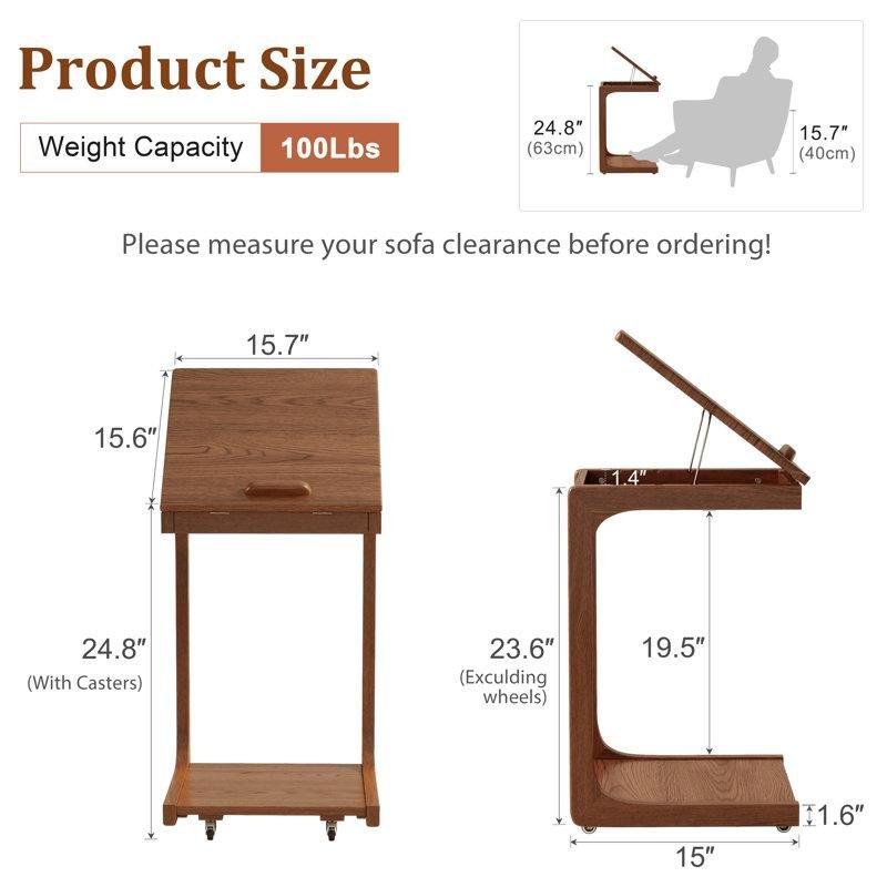 Kahverengi Masif Kauçuk Ağacı Tekerlekli ve Saklama Alanlı C Şekilli Laptop Sehpası - 40x39 cm - 336057