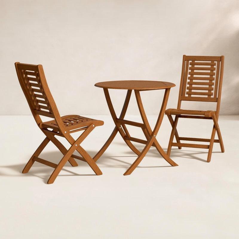 Kahverengi Masif Okaliptüs Ahşap Katlanabilir 2 Kişilik Bistro Masa Takımı - 77 cm - 338834