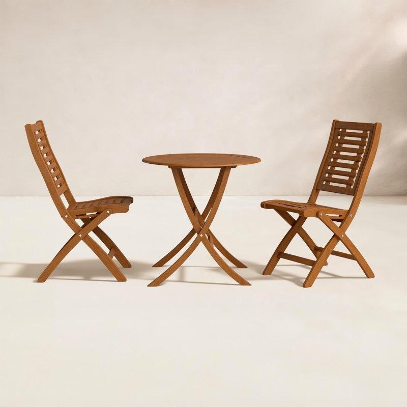 Kahverengi Masif Okaliptüs Ahşap Katlanabilir 2 Kişilik Bistro Masa Takımı - 77 cm - 338834
