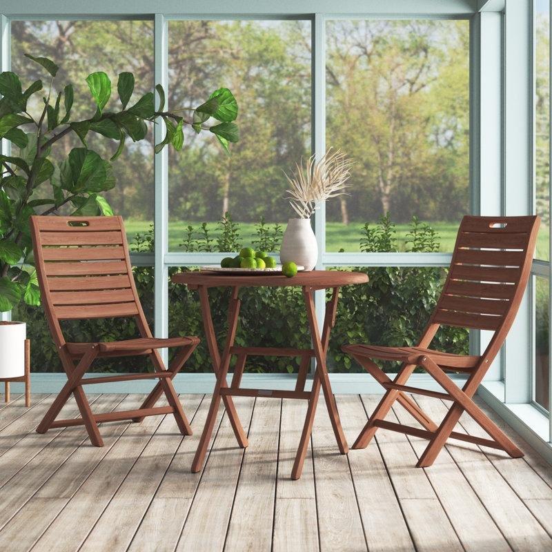 Kahverengi Masif Okaliptüs Ahşap Katlanabilir 3 Parça Bistro Masa Takımı - 77 cm - 338458