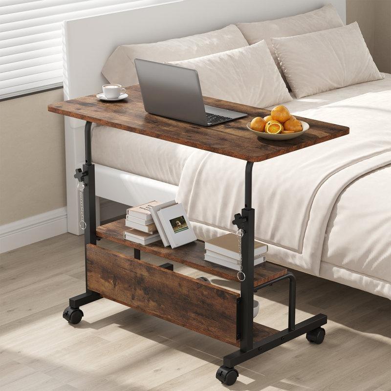 Kahverengi MDF Raflı Yüksekliği Ayarlanabilir Tekerlekli Metal Laptop Sehpası - 81x43 cm - 335763