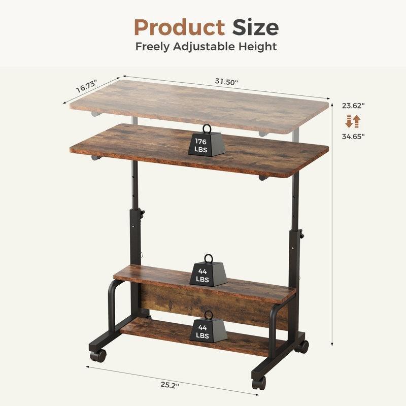 Kahverengi MDF Raflı Yüksekliği Ayarlanabilir Tekerlekli Metal Laptop Sehpası - 81x43 cm - 335763