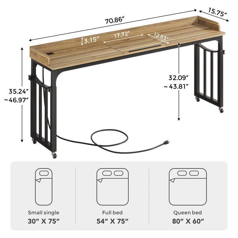 Kahverengi MDF Yüksekliği Ayarlanabilir Tekerlekli Prizli Yatak Masası - 181 cm - 336495