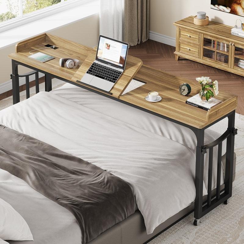 Kahverengi MDF Yüksekliği Ayarlanabilir Tekerlekli Prizli Yatak Masası - 181 cm - 336495