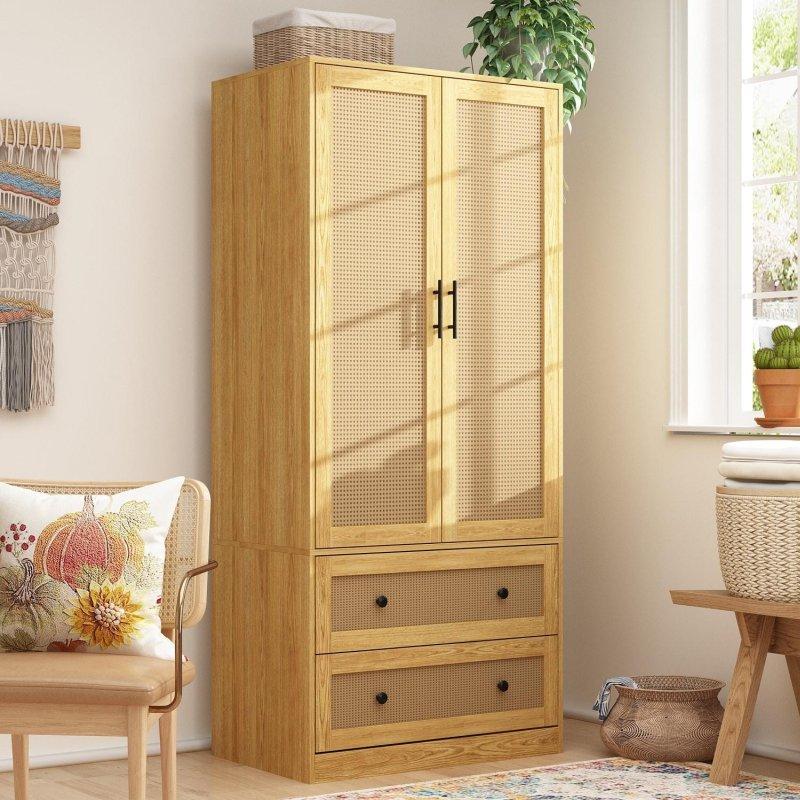 Kahverengi Meşe Çekmeceli Çift Kapılı Gardırop - 80x50x181 cm - 337369