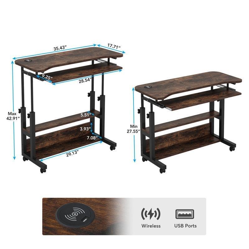 Kahverengi Sunta Yüksekliği Ayarlanabilir Tekerlekli ve Kablosuz Şarjlı Laptop Sehpası - 90x45 cm - 335599