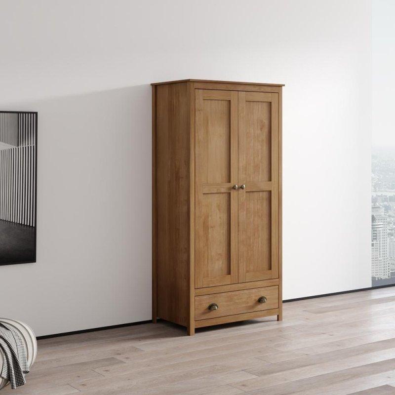 Kahverengi ve Beyaz Masif Ahşap Çekmeceli ve Raflı Çift Kapılı Gardırop - 91x54x186 cm - 337747