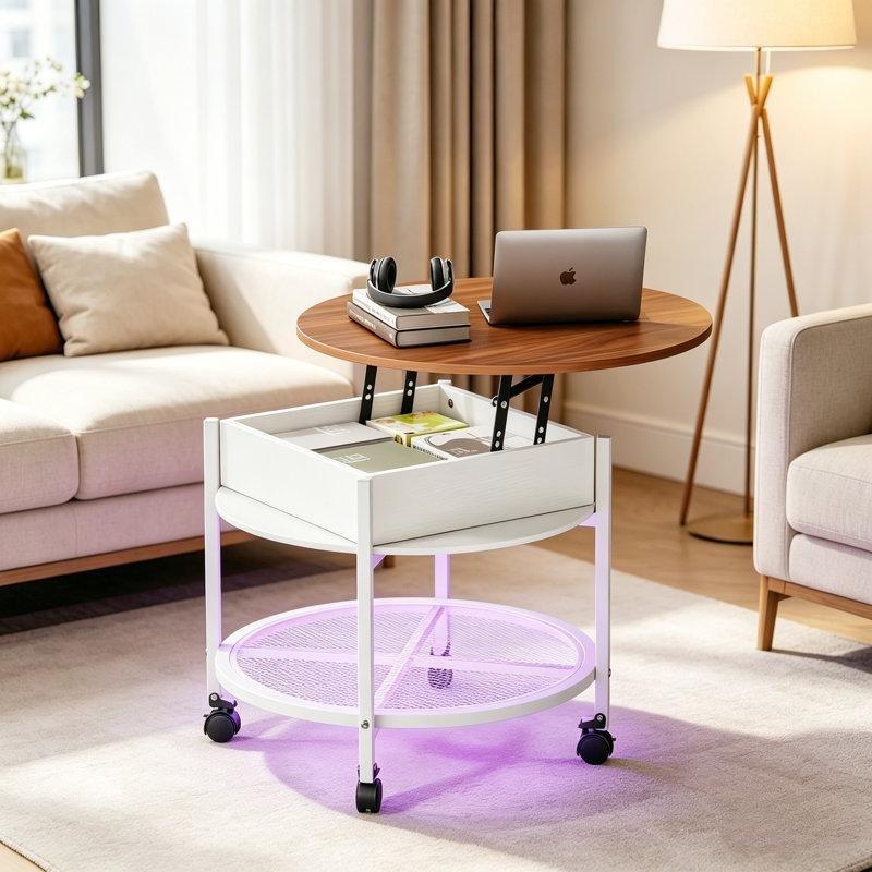 Kahverengi ve Beyaz Metal Ayaklı RGB LED Işıklı Asansörlü Depolamalı Tekerlekli Orta Sehpa - 69x69 cm - 336435
