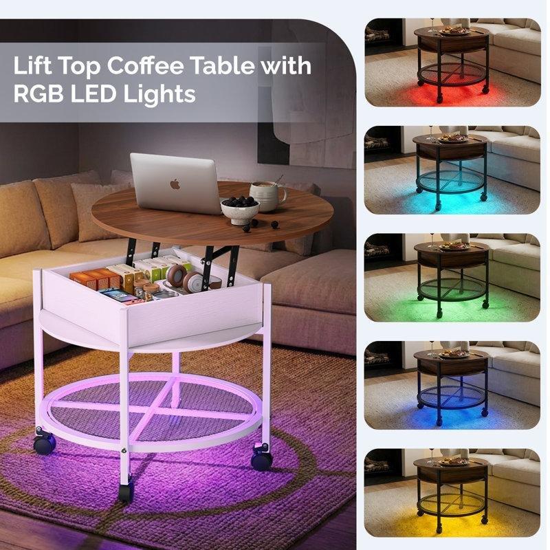 Kahverengi ve Beyaz Metal Ayaklı RGB LED Işıklı Asansörlü Depolamalı Tekerlekli Orta Sehpa - 69x69 cm - 336435