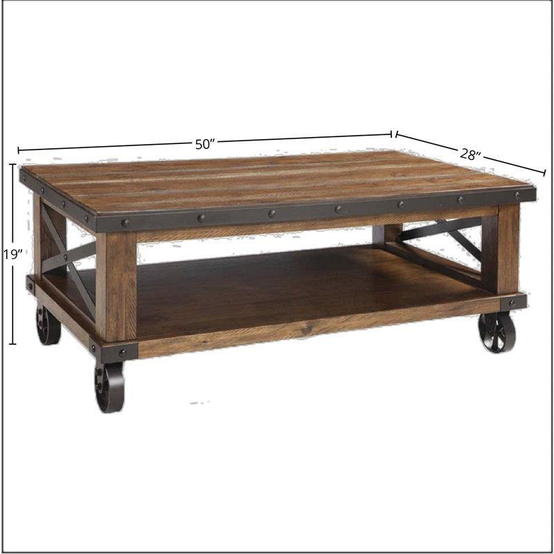 Kanyon Kahverengi Masif Ahşap Metal Zımba Detaylı Alt Raflı Tekerlekli Orta Sehpa - 127x71 cm - 336366
