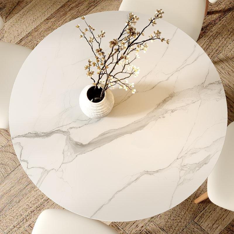 Kar Beyazı Sinterlenmiş Taş Ceviz Masif Ahşap Kaide Ayaklı Yuvarlak Bistro Masa - 100 cm - 338211