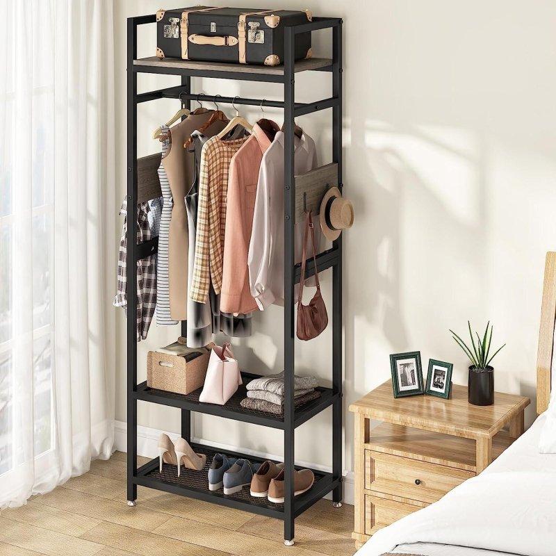 Koyu Ceviz MDF ve Metal 8 Kancalı Raflı Ayaklı Askılık - 70x40x176 cm - 337550