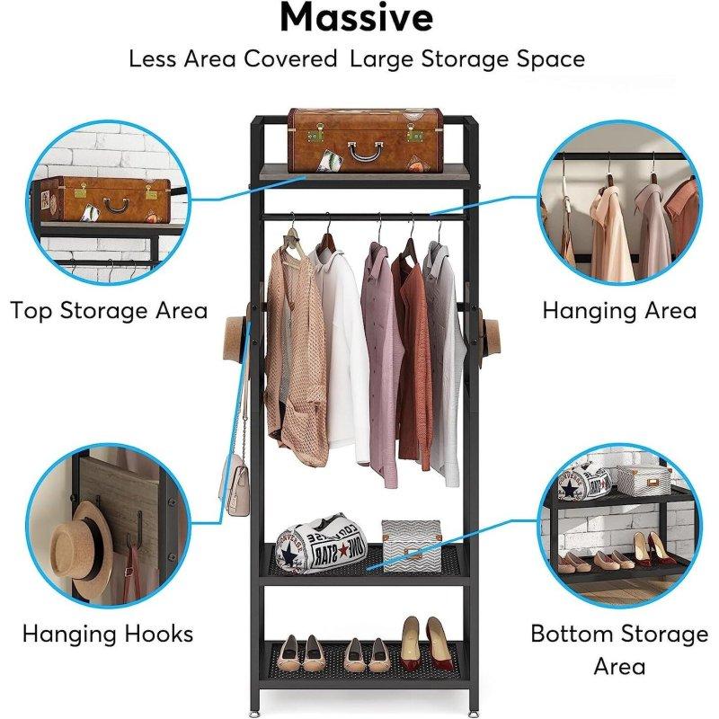 Koyu Ceviz MDF ve Metal 8 Kancalı Raflı Ayaklı Askılık - 70x40x176 cm - 337550