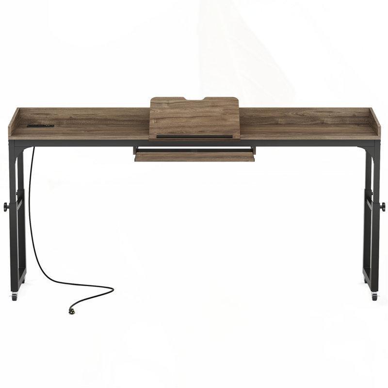 Koyu Gri Masif Ahşap ve Metal Yüksekliği Ayarlanabilir Dahili Prizli Tekerlekli Yatak Masası - 181x41 cm - 336340