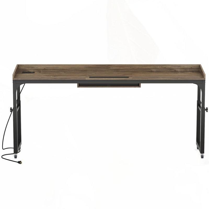 Koyu Gri Masif Ahşap ve Metal Yüksekliği Ayarlanabilir Dahili Prizli Tekerlekli Yatak Masası - 181x41 cm - 336340