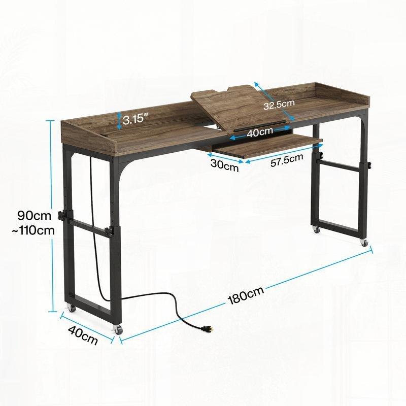 Koyu Gri Masif ve Endüstriyel Ahşap Yüksekliği Ayarlanabilir Tekerlekli USB Portlu Yatak Masası - 181 cm - 336464