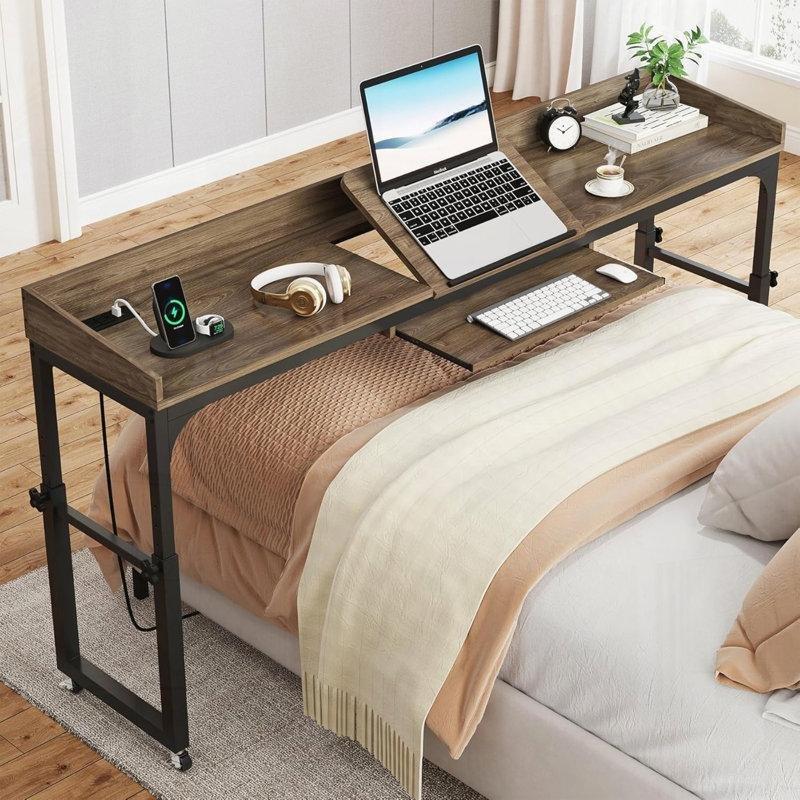 Koyu Gri Masif ve Endüstriyel Ahşap Yüksekliği Ayarlanabilir Tekerlekli USB Portlu Yatak Masası - 181 cm - 336464