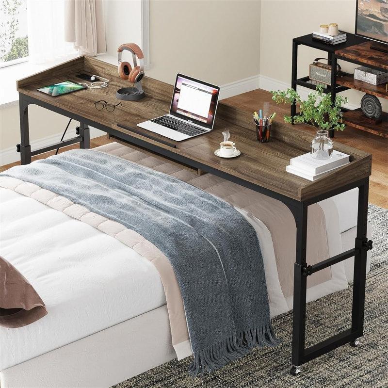 Koyu Gri MDF Yüksekliği Ayarlanabilir Tekerlekli ve Şarj İstasyonlu Yatak Masası - 180 cm - 336392
