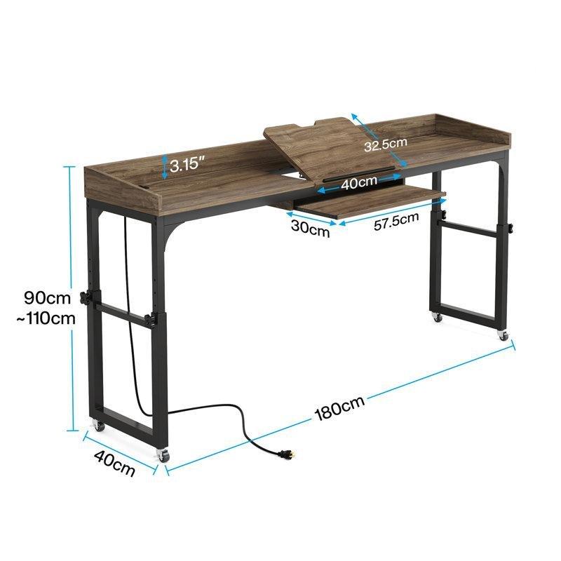 Koyu Gri MDF Yüksekliği Ayarlanabilir Tekerlekli ve Şarj İstasyonlu Yatak Masası - 180 cm - 336392