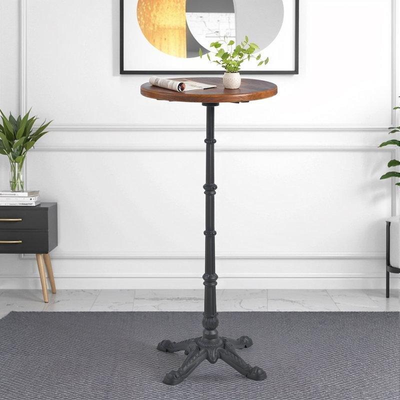 Koyu Kahverengi Masif Çam Ahşap Tablalı Siyah Metal Tek Ayaklı Yuvarlak Bistro Masa - 60x110 cm - 338196