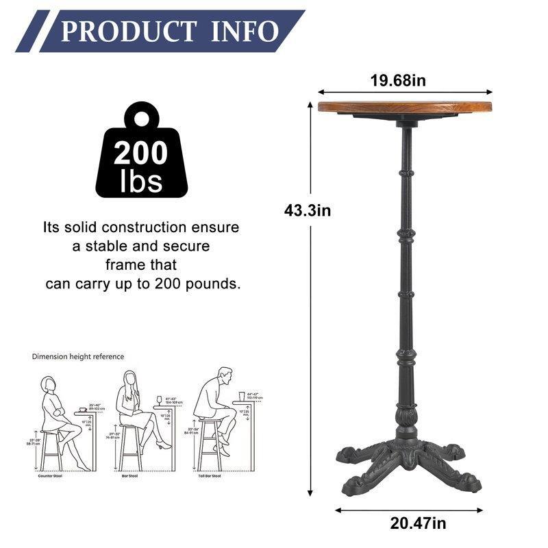 Koyu Kahverengi Masif Çam Ahşap Tablalı Siyah Metal Tek Ayaklı Yuvarlak Bistro Masa - 60x110 cm - 338196