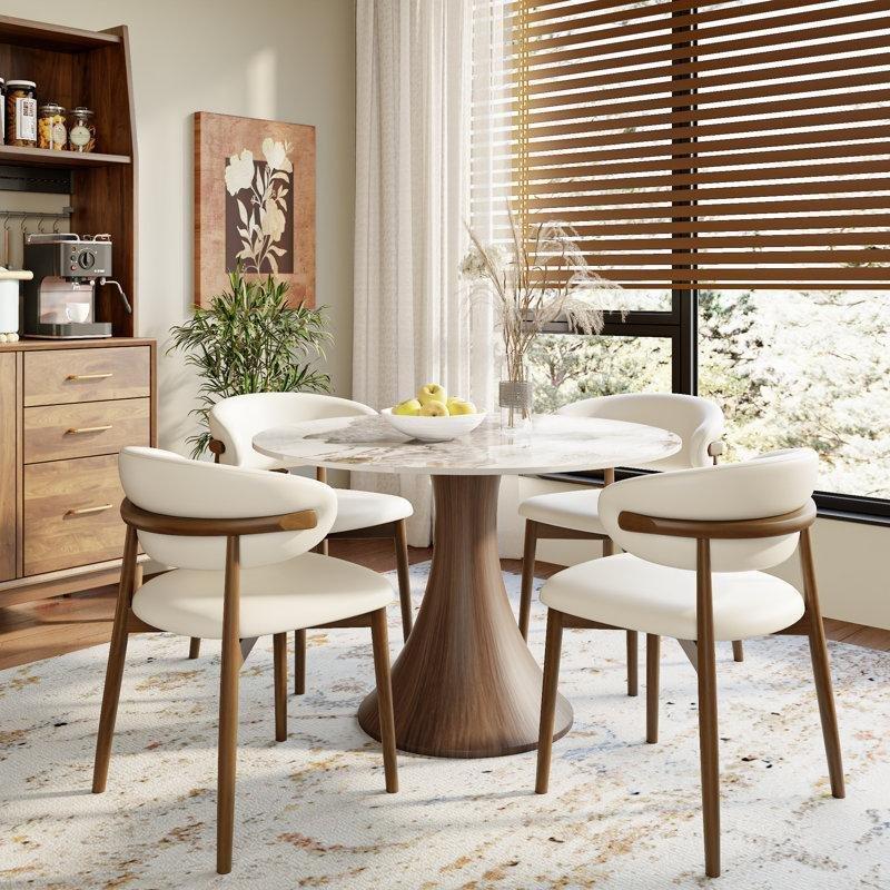 Kum Rengi Sinterlenmiş Taş Tablalı ve Ceviz Masif Ahşap Ayaklı Yuvarlak Bistro Masa - 100 cm - 338020