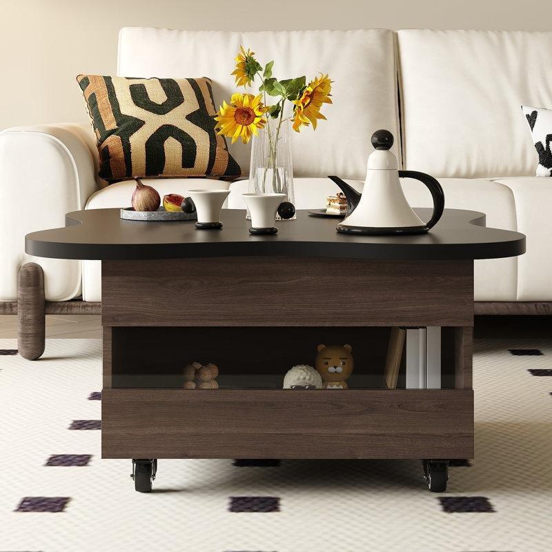 Mat Siyah ve Kahverengi Endüstriyel Ahşap Asansörlü Çekmeceli Yonca Tasarımlı Tekerlekli Orta Sehpa - 80x80 cm - 336645