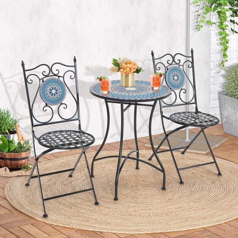 Mavi Mozaik Desenli Siyah Metal Katlanır Yuvarlak Bistro Masa Takımı - Ø61 cm - 338290