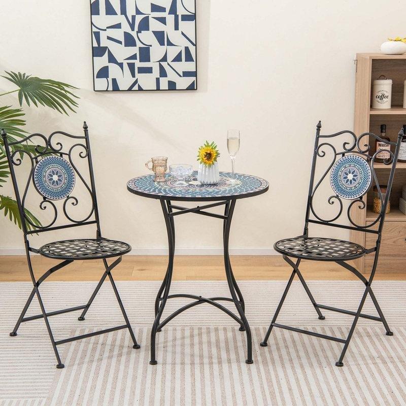 Mavi Mozaik Desenli Siyah Metal Katlanır Yuvarlak Bistro Masa Takımı - Ø61 cm - 338290