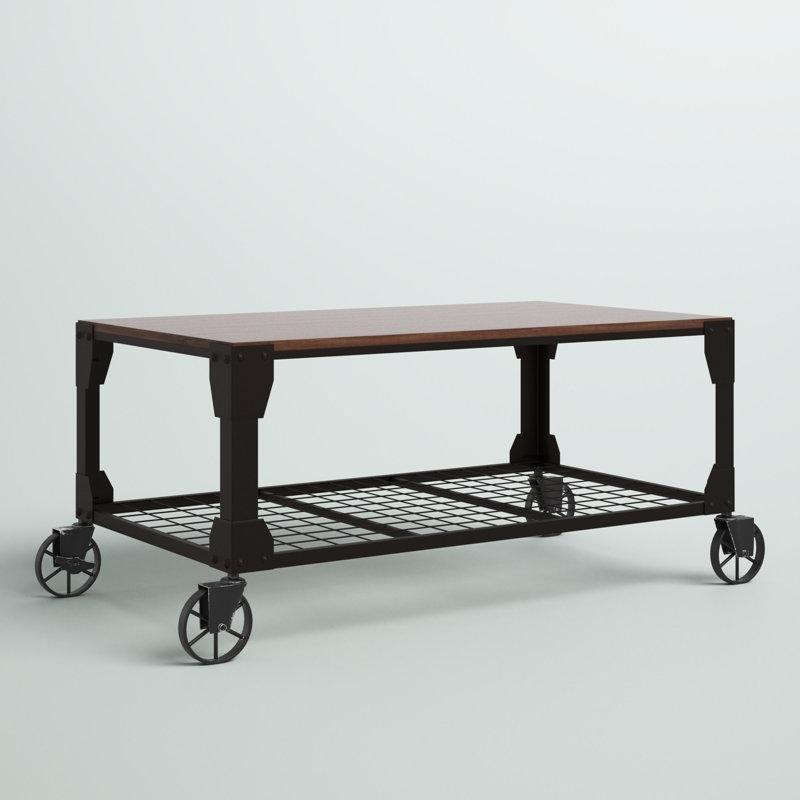 Meşe Masif Ahşap Raflı Siyah Çelik Endüstriyel Tekerlekli Orta Sehpa - 121x61 cm - 336220
