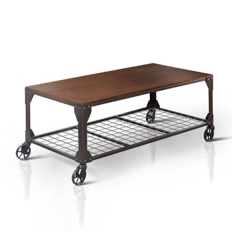 Meşe Masif Ahşap Raflı Siyah Çelik Endüstriyel Tekerlekli Orta Sehpa - 121x61 cm - 336220