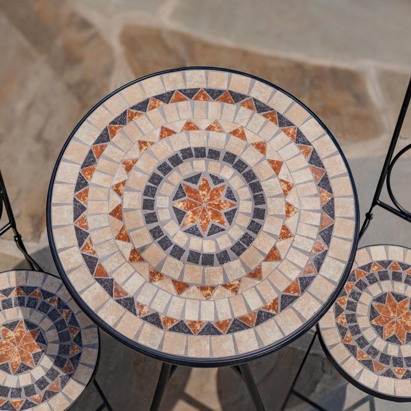 Mozaik Seramik Tablalı ve Katlanır Sandalyeli Siyah Demir Bistro Masa Takımı - 338062