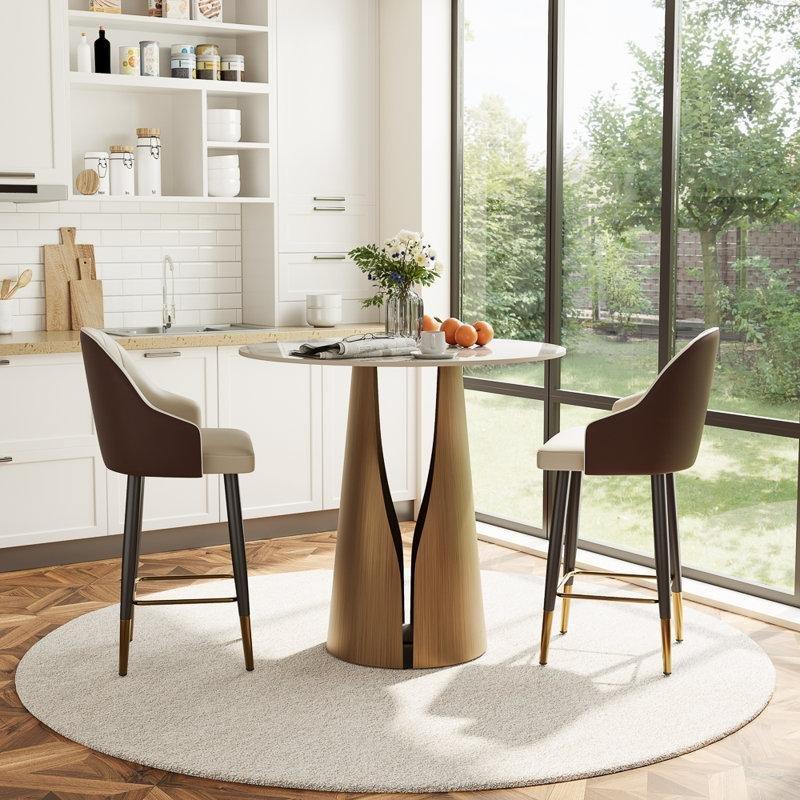 Pandora Desenli Sinterlenmiş Taş Tablalı Bronz Tek Ayaklı Tezgah Yüksekliği Yuvarlak Bistro Masa - 90 cm - 338396
