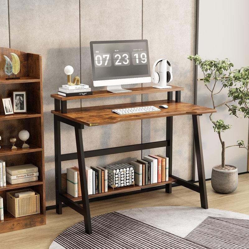Rustik Kahverengi MDF Raflı ve Monitör Yükselticili Çelik Laptop Sehpası - 81x51 cm - 336005