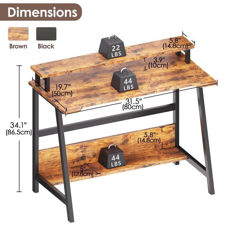 Rustik Kahverengi MDF Raflı ve Monitör Yükselticili Çelik Laptop Sehpası - 81x51 cm - 336005