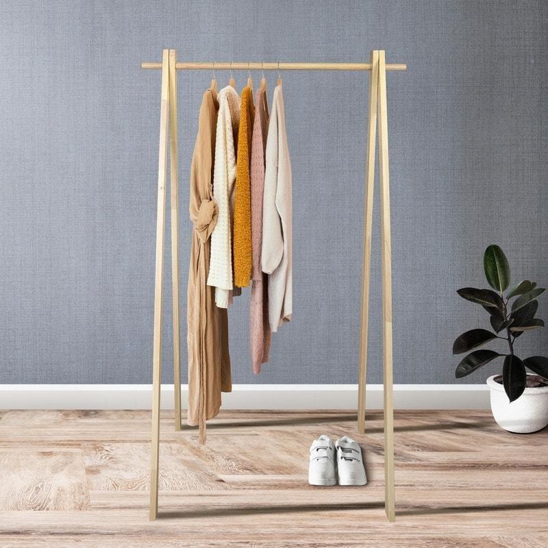 Sarı Masif Ahşap Katlanabilir Ayaklı Askılık - 97x46x153 cm - 337380