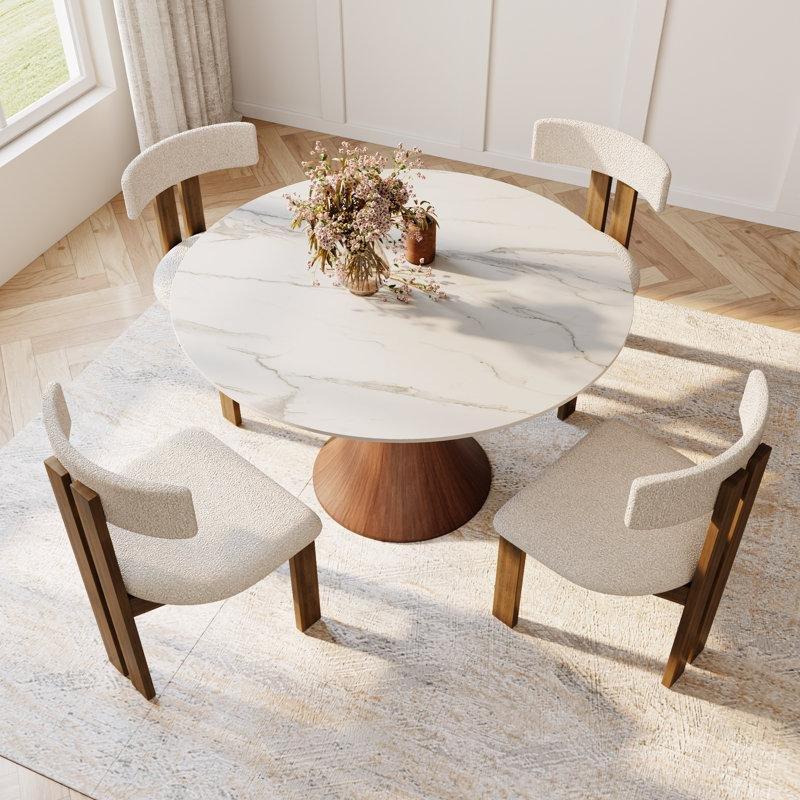 Sinterlenmiş Taş Tablalı Masif Ahşap Kaide Ayaklı Yuvarlak Bistro Masa - 110 cm - 337981