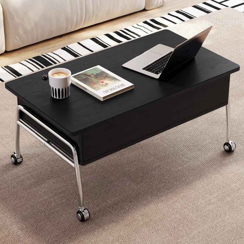 Siyah Ahşap Metal Asansörlü Gizli Depolamalı Tekerlekli Orta Sehpa - 90x50 cm - 336442