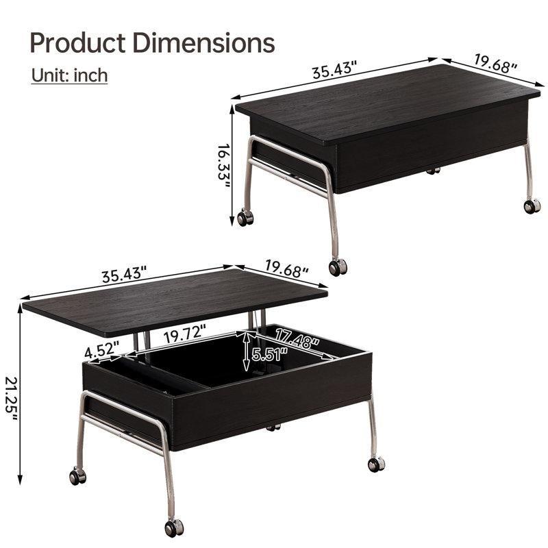 Siyah Ahşap Metal Asansörlü Gizli Depolamalı Tekerlekli Orta Sehpa - 90x50 cm - 336442