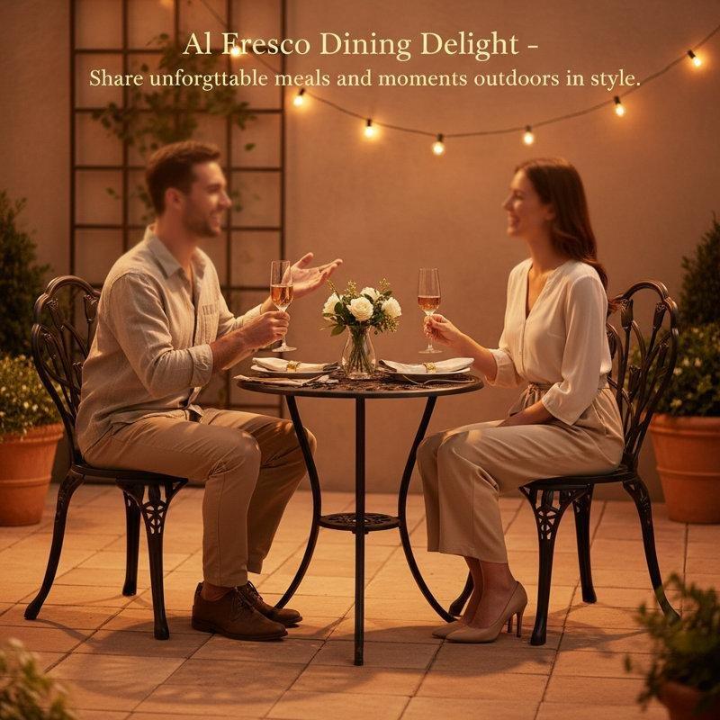 Siyah Alüminyum Lale Motifli Yuvarlak Bistro Masa Takımı - 338598