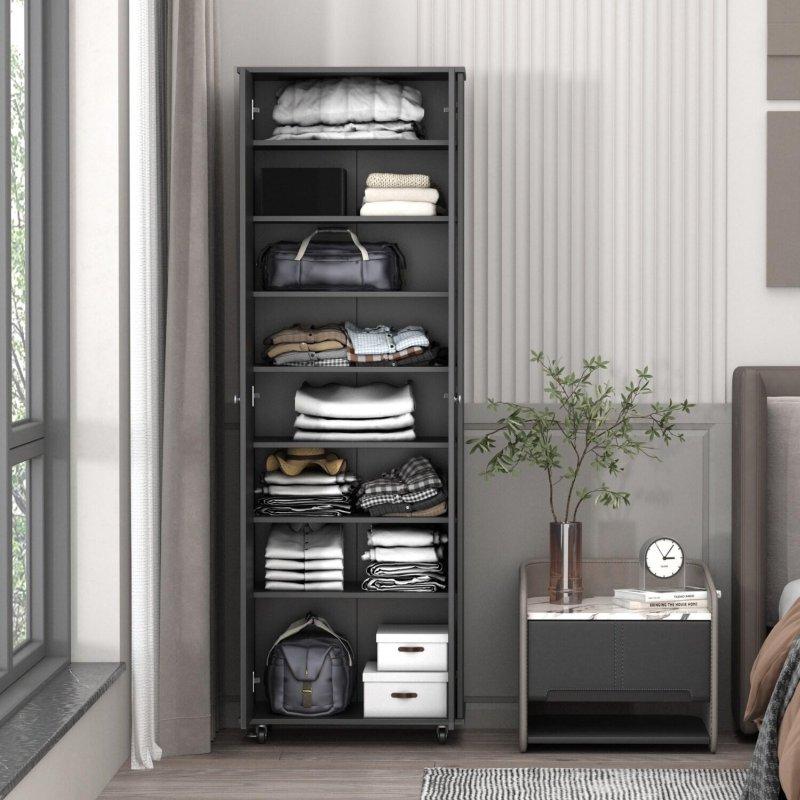 Siyah Beyaz MDF Tekerlekli 8 Raflı Çift Kapılı Gardırop - 60x40x181 cm - 337610