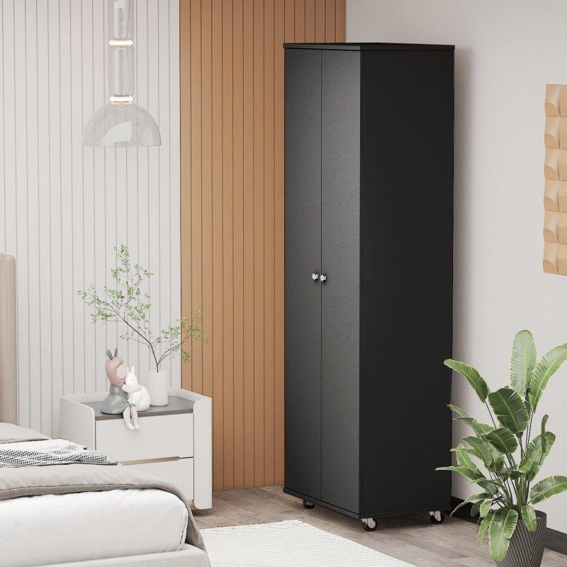 Siyah Beyaz MDF Tekerlekli 8 Raflı Çift Kapılı Gardırop - 60x40x181 cm - 337610