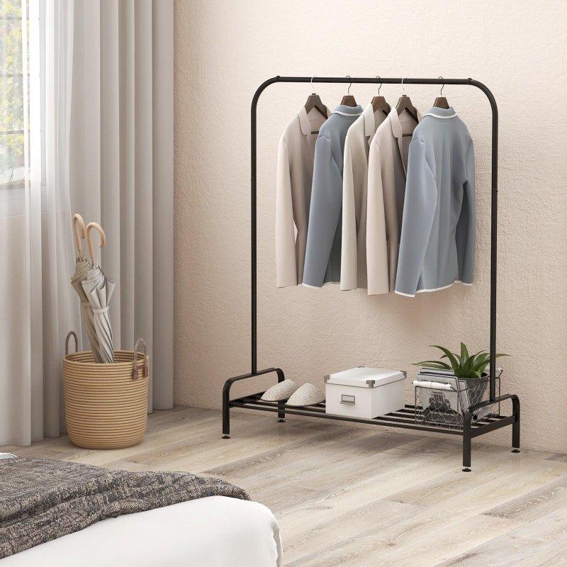 Siyah Çelik Alt Raflı Ayaklı Askılık - 112x42x145 cm - 337773