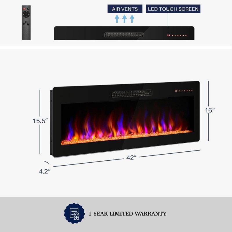 Siyah Duvara Monte LED Alev Efektli 16 Renk Seçenekli Elektrikli Şömine - 107 cm - 339421
