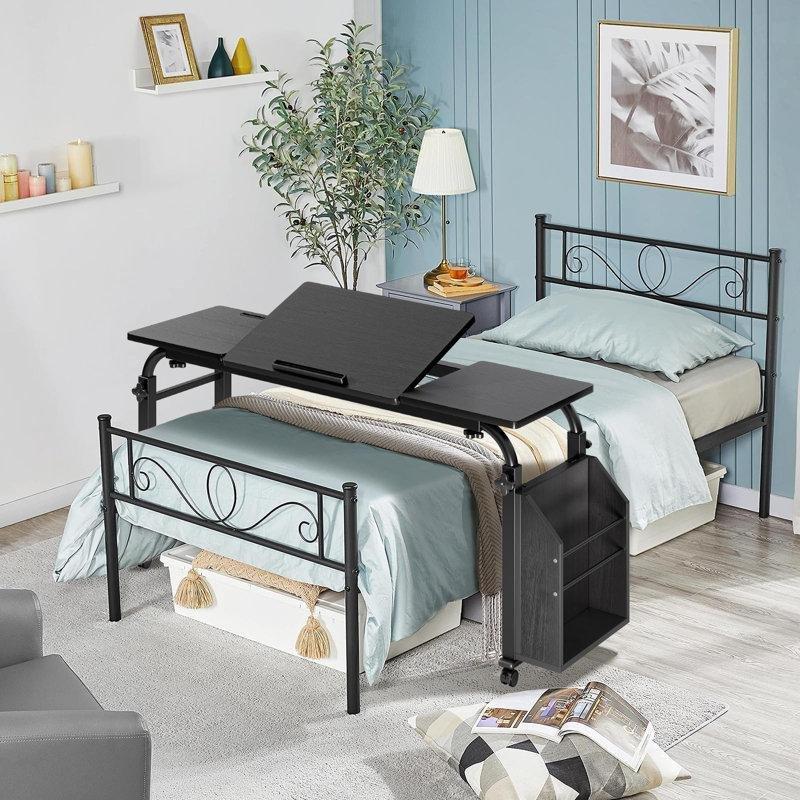 Siyah Endüstriyel Ahşap Tekerlekli Ayarlanabilir Eğilebilir Yatak Masası - 120x40 cm - 336370
